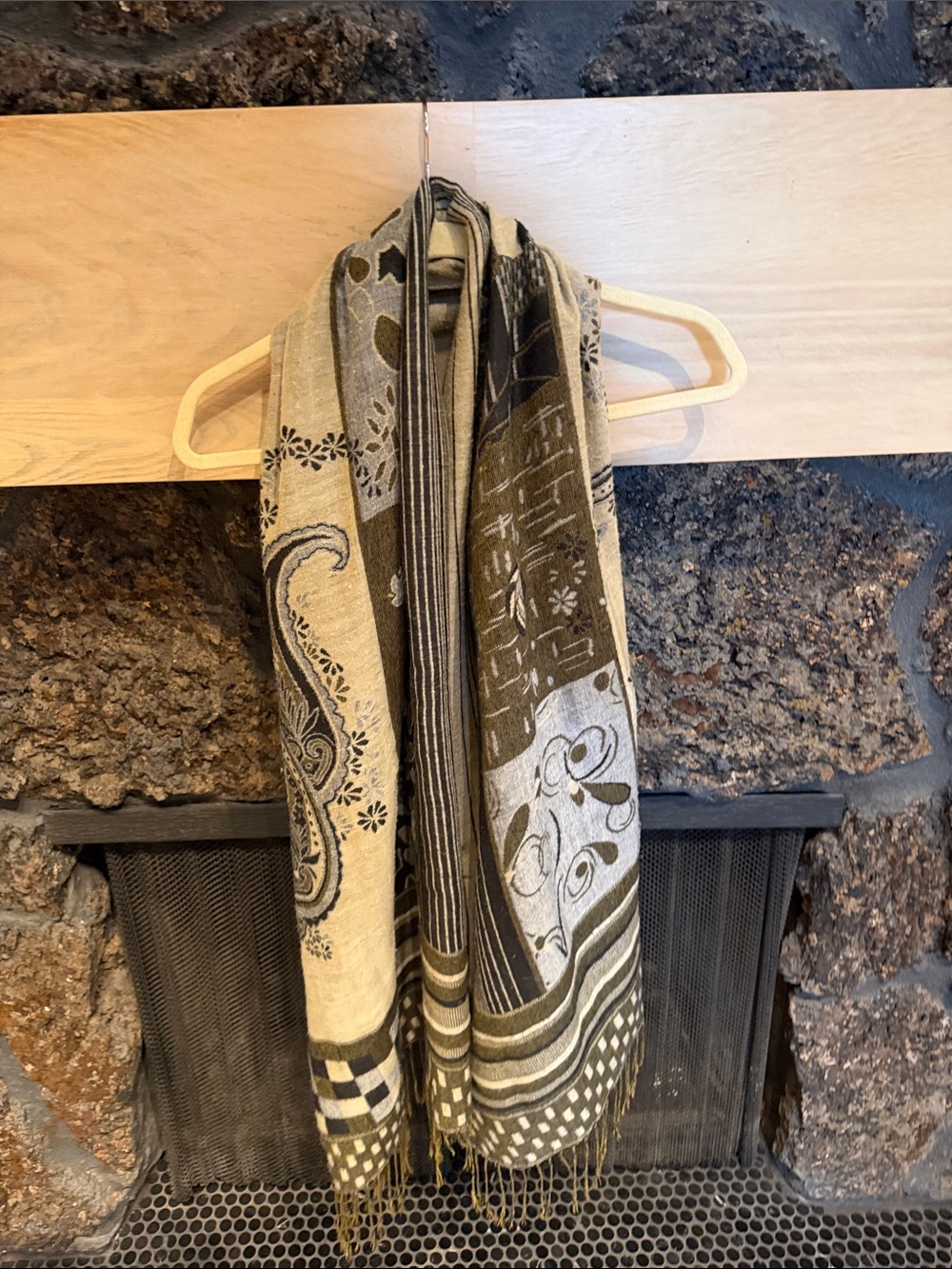 Decorative Olive and Cream Patterned Throw Scarf - Home Accents